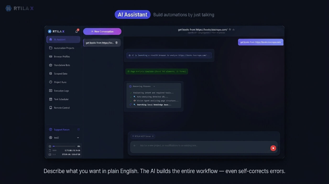 Describe your task in plain English and the RTILA X AI Assistant builds the automation for you. Works 100% offline with local LLMs. No coding required.