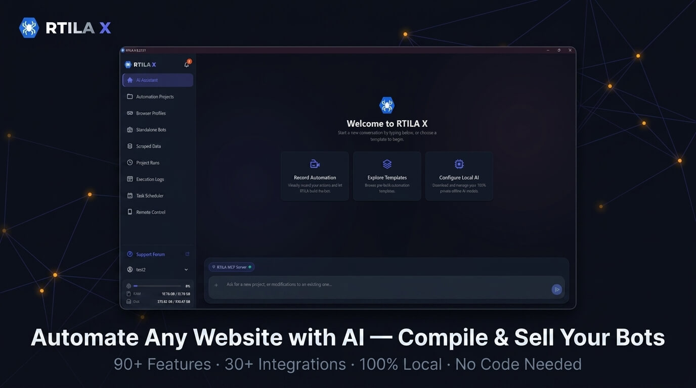 RTILA X is the only cross-platform automation tool that compiles workflows into standalone executables you can white-label and sell. 100% local-first AI.