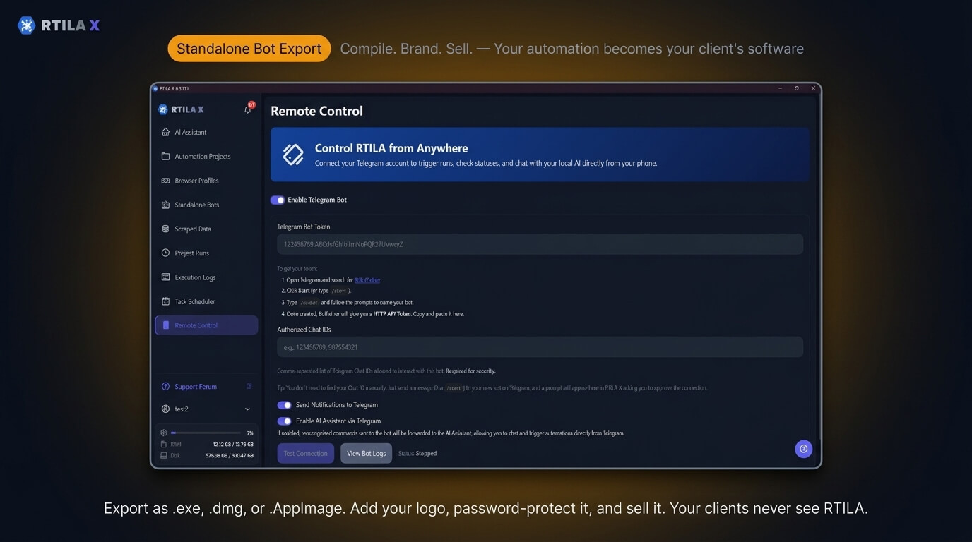 Compile any RTILA X automation into a standalone executable. Add your logo, set a password or license key, and sell it to clients who never install RTILA X.