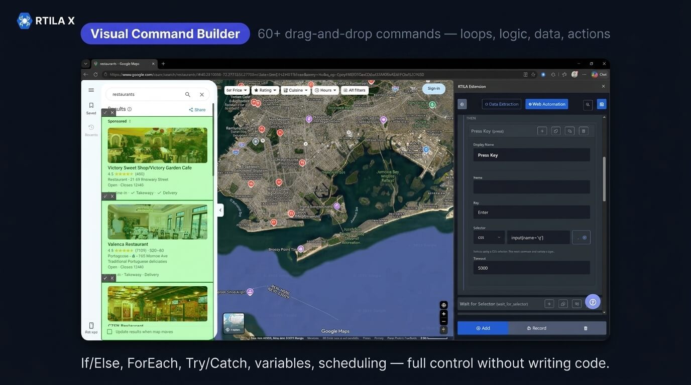 Build reliable web workflows without code. Drag, drop, and configure 60+ visual commands including click, fill, extract, loop, and if-else logic in RTILA X.